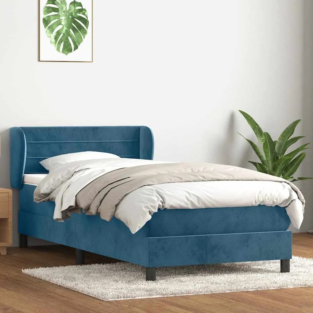 Box Spring κρεβάτι με στρώμα σκούρο μπλε 90x210 εκ. Βελούδινο