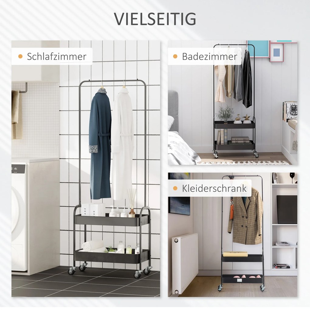 HOMCOM Μεταλλική κρεμάστρα παλτό με ράφι παπουτσιών, τροχήλατη, ανεξάρτητη, μαύρο