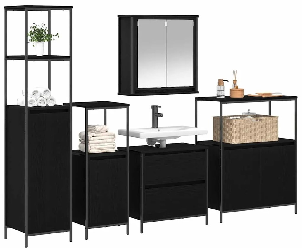 vidaXL Σετ Επίπλων Μπάνιου με ράφι 5 pcs Μαύρο 76.5 x 35 x 95 εκ