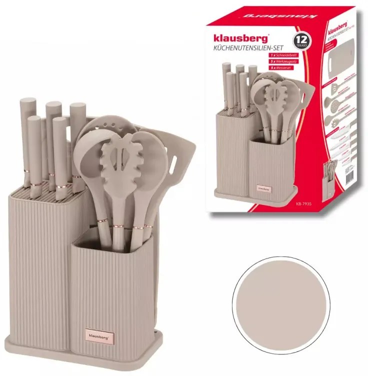 Σετ μαχαιριών και σκευών Klausberg KB 7935, πίνακας και βάση, 12 τεμάχια, Μπεζ