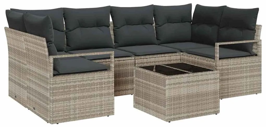 vidaXL Σέτ καναπέ κήπου 7 τεμαχίων από πολυ rattan με μαξιλάρια σε ανοιχτό γκρι