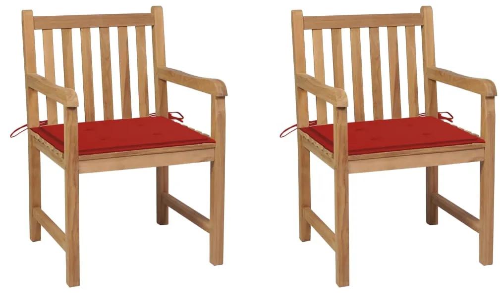 Καρέκλες Κήπου 2 τεμ. από Μασίφ Ξύλο Teak με Κόκκινα Μαξιλάρια