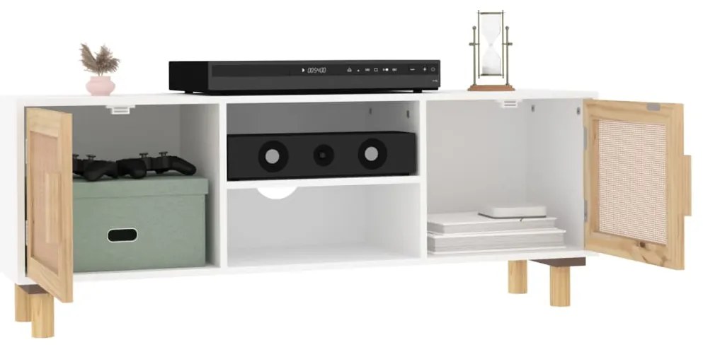 vidaXL Έπιπλο Τηλεόρασης Λευκό 105x30x40 εκ Μασίφ Πεύκο &amp; Φυσικό Ρατάν