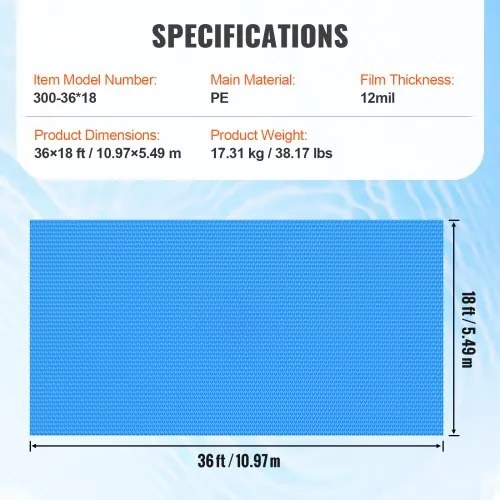 VEVOR Solar Pool Cover, 36 x 18 ft Rectangle Solar Blanket for Pools, Inground Above Ground Swimming Pool Solar Cover, 12 mil Solar Covers Blue