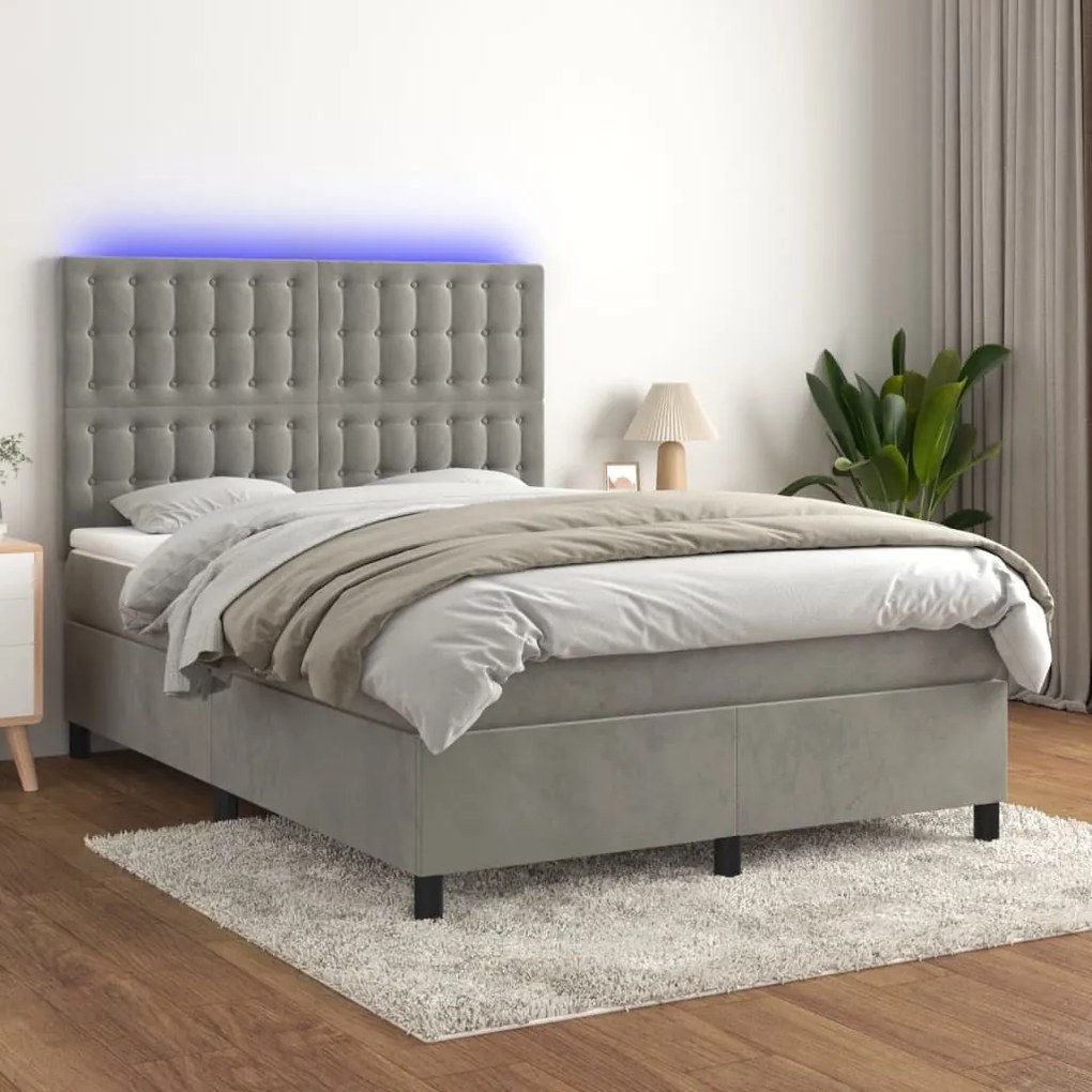 Κρεβάτι Boxspring με Στρώμα&amp;LED Αν. Γκρι 140x190 εκ. Βελούδινο - Γκρι