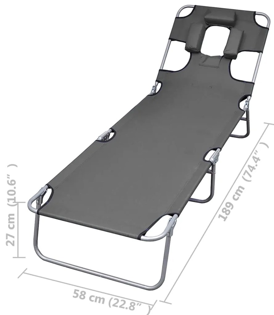 vidaXL Ξαπλώστρα Πτυσσόμενη με Μαξιλάρι και Ρυθμιζόμενη Πλάτη Γκρι