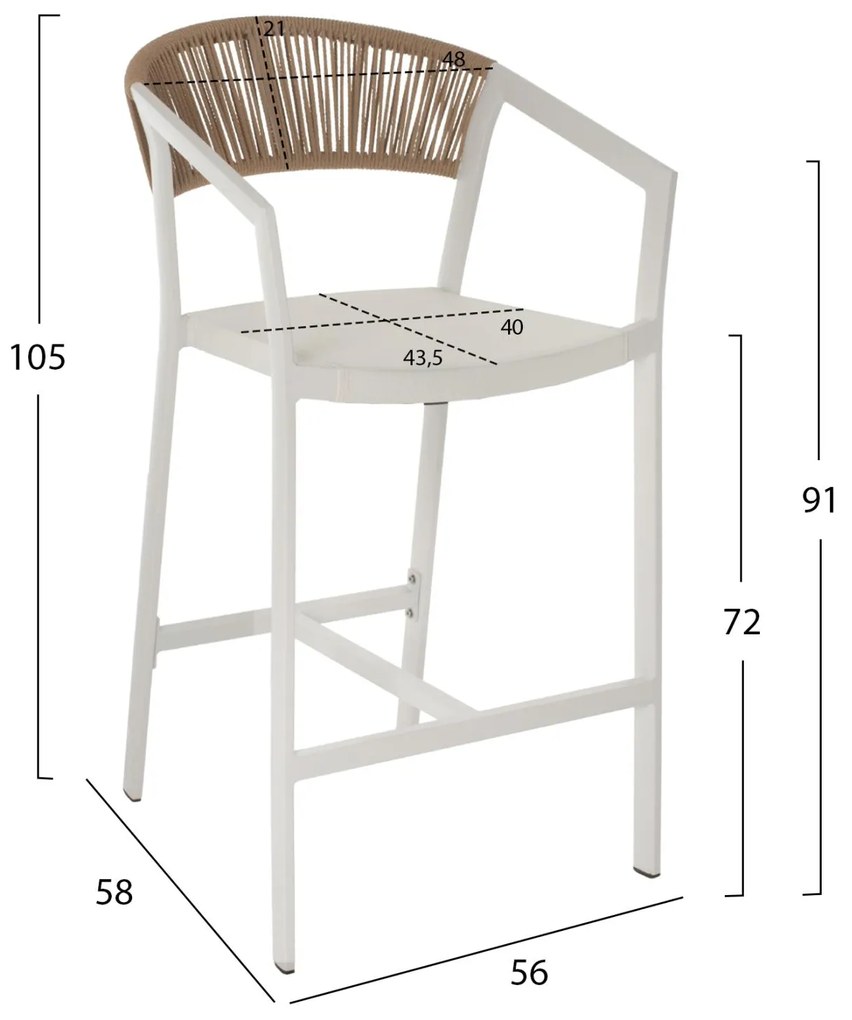 Σκαμπό Μπαρ C5892.02 Λευκό Αλουμινίου με P.E. Rattan &amp; Textline 56x58x105Y εκ. 56x58x105 εκ.