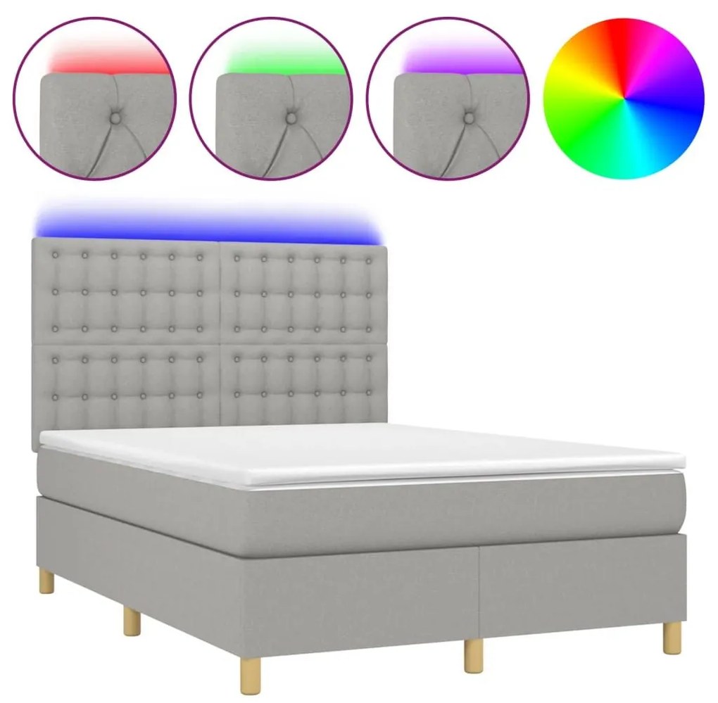 Κρεβάτι Boxspring με Στρώμα &amp; LED Αν.Γκρι 140x190εκ. Υφασμάτινο - Γκρι