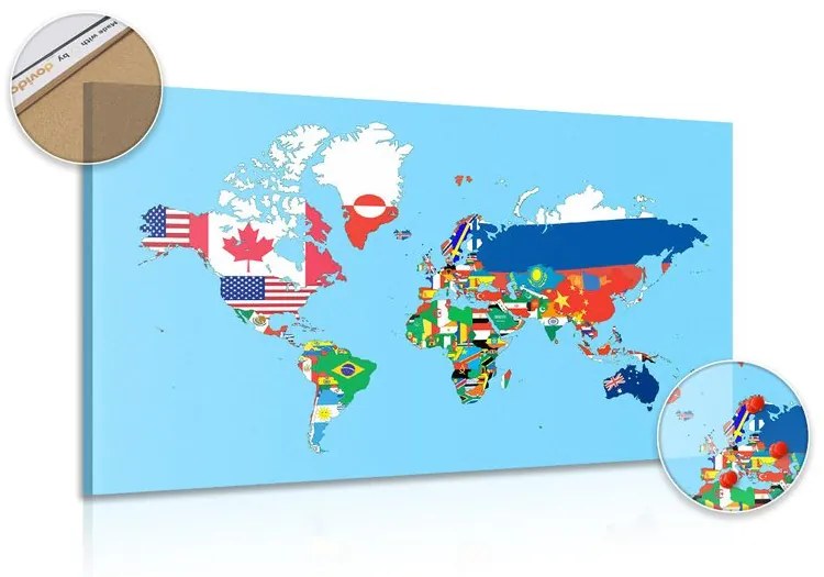 Εικόνα στον παγκόσμιο χάρτη φελλού με σημαίες - 120x80  peg
