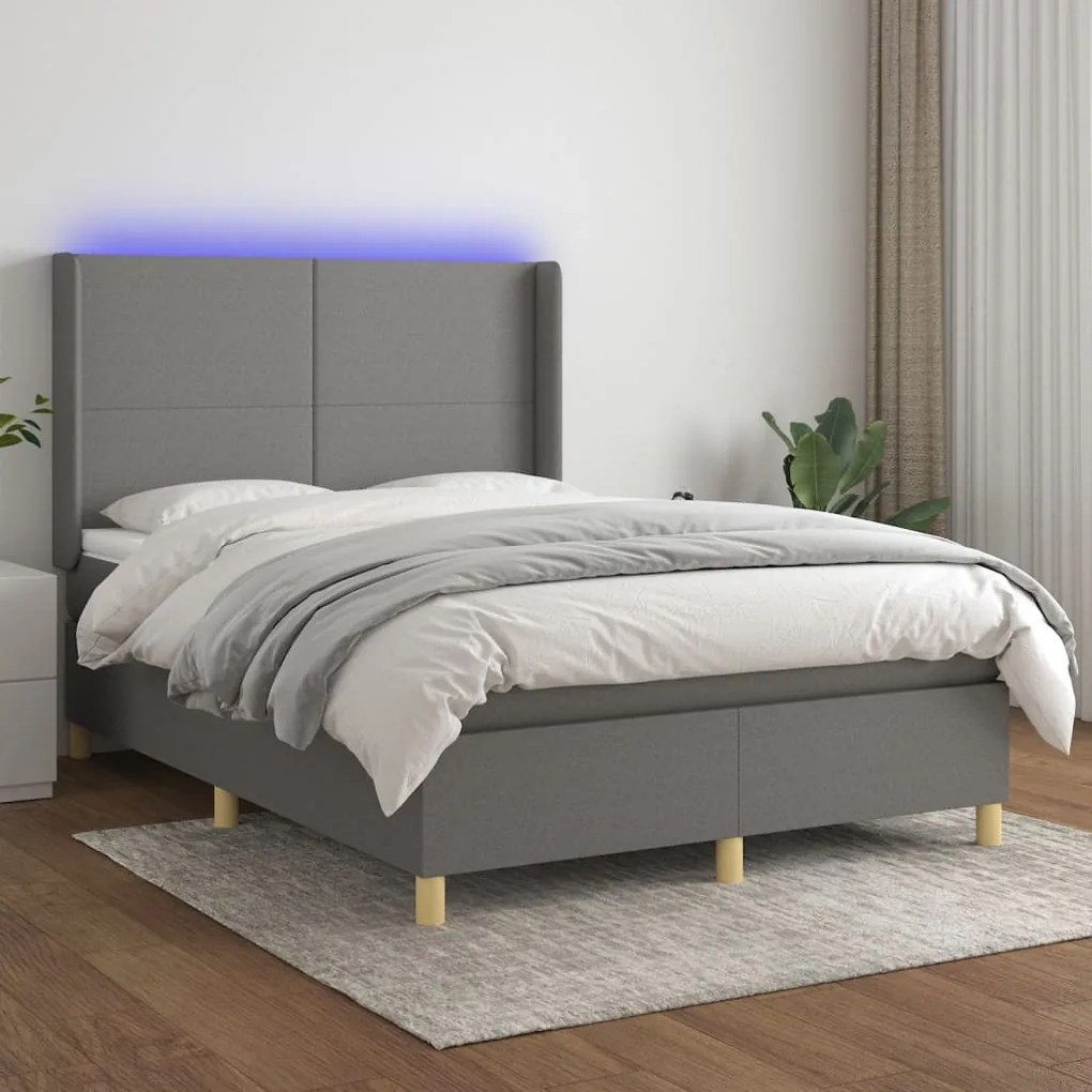 vidaXL Κρεβάτι Boxspring με Στρώμα &amp; LED Σκ.Γκρι 140x200 εκ Υφασμάτινο