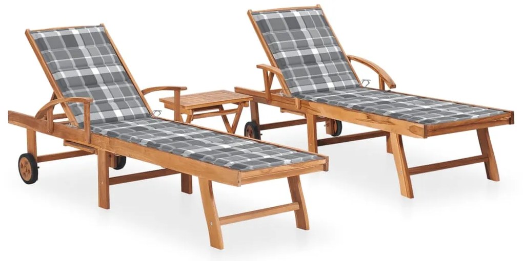 vidaXL Ξαπλώστρες 2 τεμ. από Μασίφ Ξύλο Teak με Τραπέζι και Μαξιλάρι