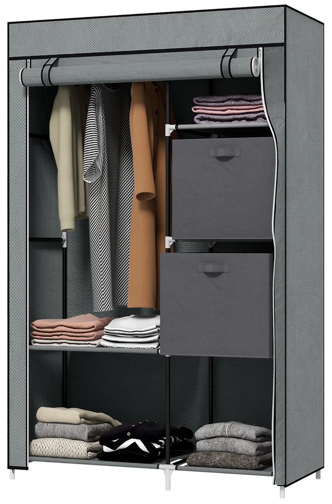 HOMCOM Υφασμάτινη ντουλάπα πτυσσόμενη ντουλάπα, 1 ράβδος ρούχων, 6 ράφια, 102 x 42,5 x 162,5 cm, Γκρι