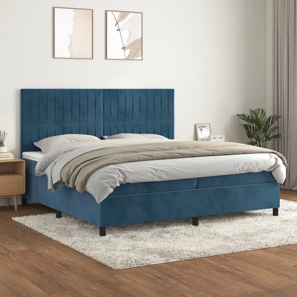 Κρεβάτι Boxspring με Στρώμα Σκούρο Μπλε 200x200 εκ. Βελούδινο