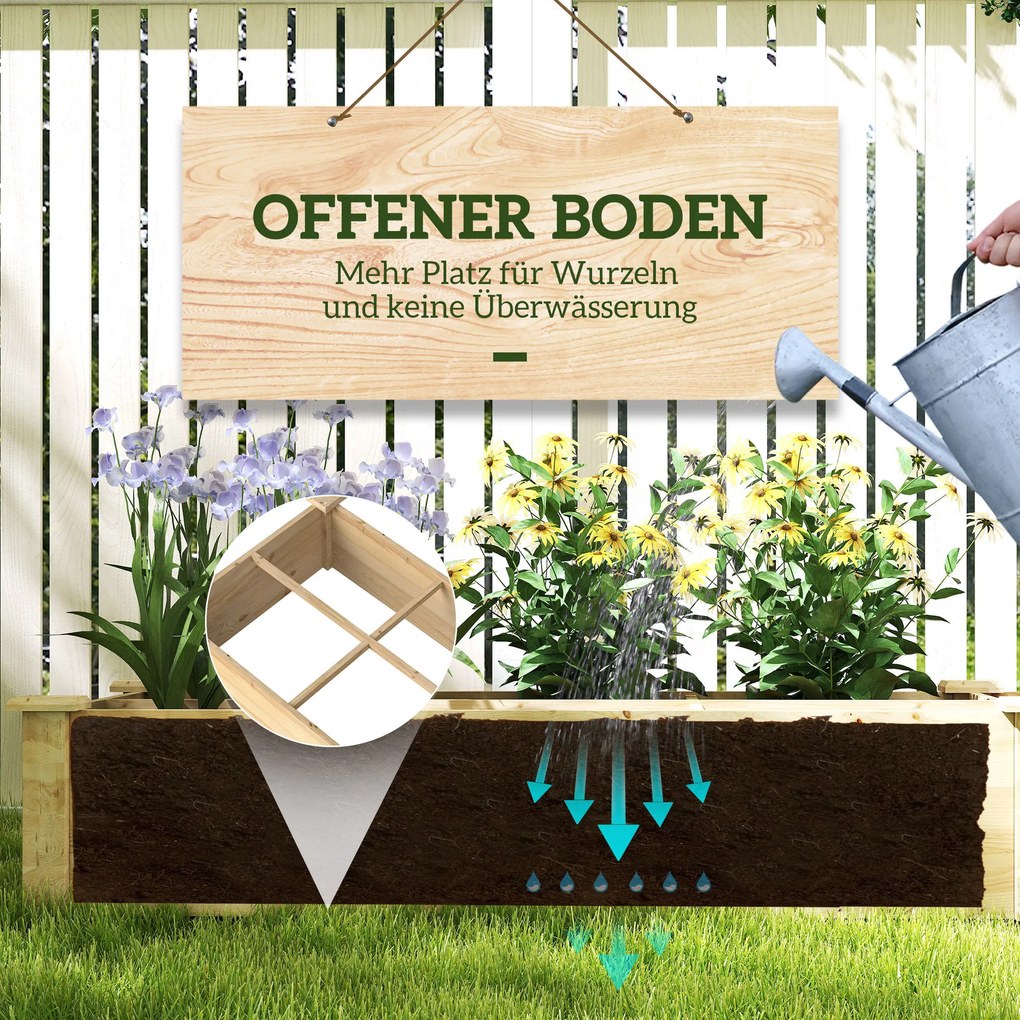 Outsunny Υπερυψωμένο παρτέρι, γλάστρα, 2 τεμαχίων, ανοιχτός πάτος, φυσικό ξύλινο πλαίσιο, εύκολη συναρμολόγηση, 237 x 60 x 25cm
