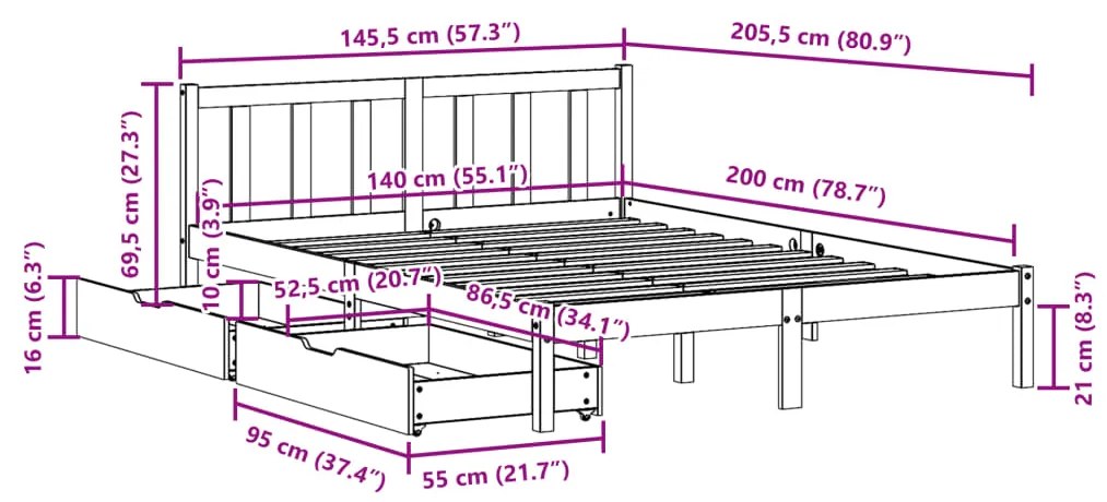 ΣΚΕΛΕΤΟΣ ΚΡΕΒΑΤΙΟΥ ΧΩΡΙΣ ΣΤΡΩΜΑ 140X200 ΕΚ ΜΑΣΙΦ ΞΥΛΟ ΠΕΥΚΟΥ 3301475