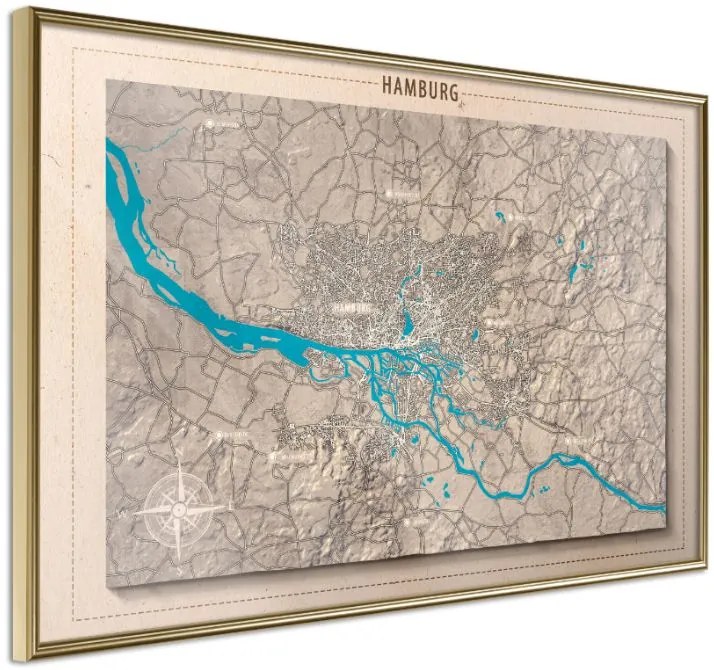 Αφίσα - Raised Relief Map: Hamburg - 30x20 - Χρυσό - Χωρίς πασπαρτού