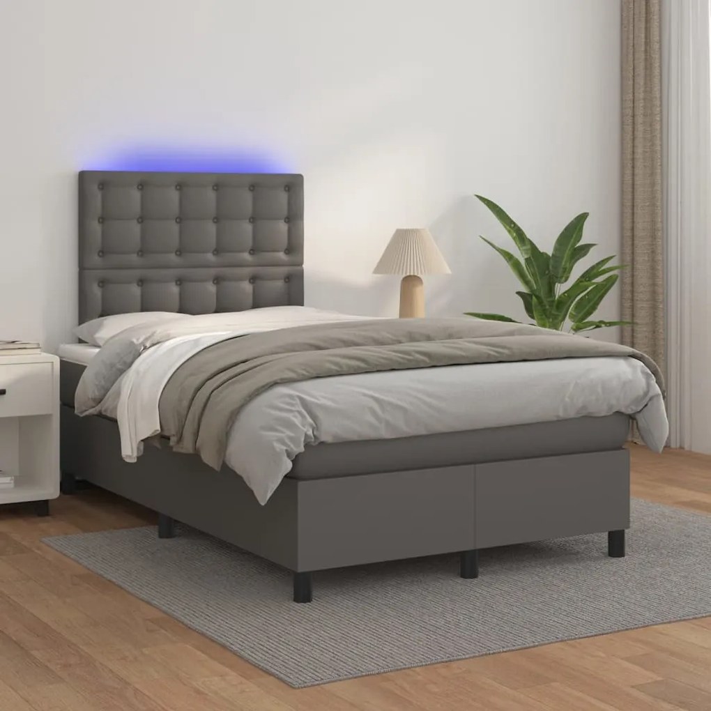 Κρεβάτι Boxspring με Στρώμα &amp; LED Γκρι 120x200 εκ. Συνθ. Δέρμα