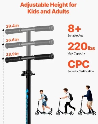 VEVOR Kick Scooter for Kids Ages 8+, Teens &amp; Adults, 2-Wheel Toddler Scooter with Adjustable Height Handlebar, Wide Anti-Slip Deck, Foldable Lightweight for Boys &amp; Girls up to 99.8 kg, Black + Blue