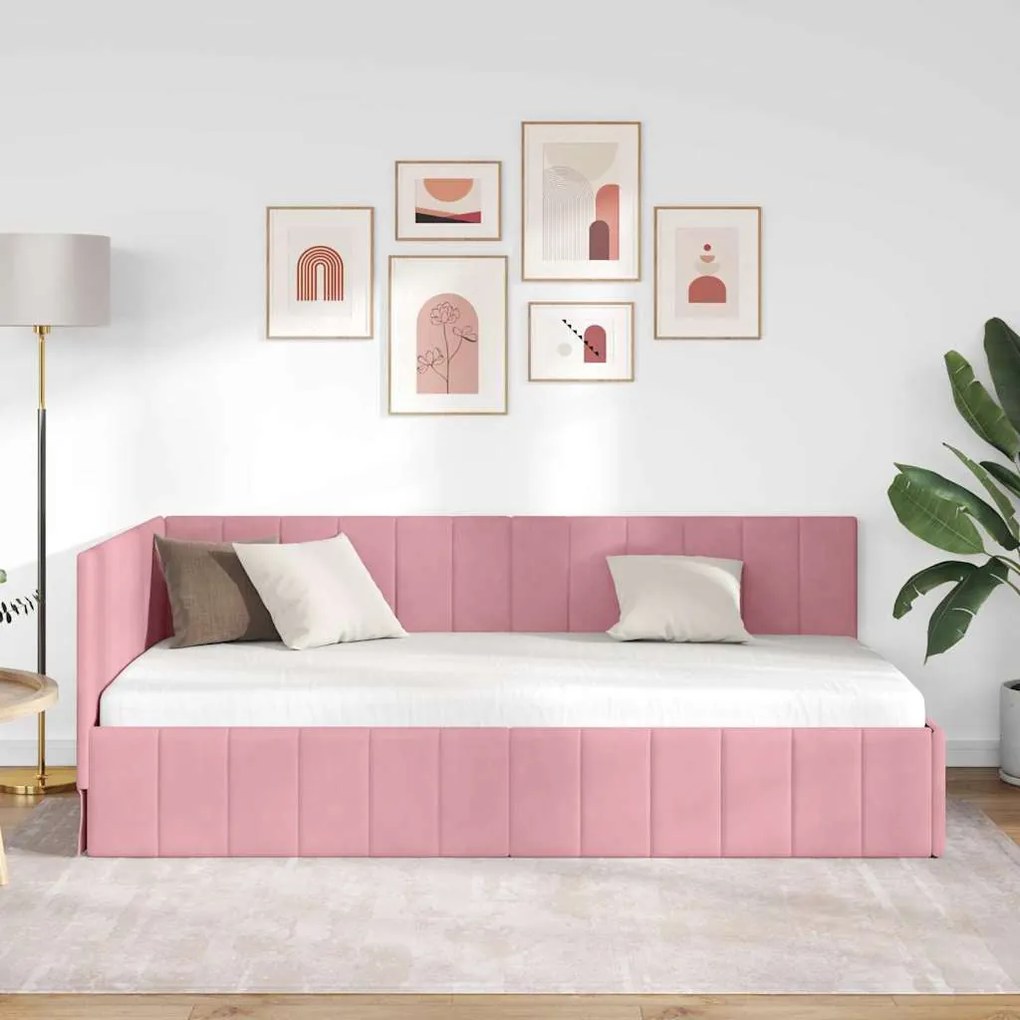 vidaXL Κρεβάτι Γωνίας με κεφαλάρι Ροζ 90 x 190 cm Βελούδο