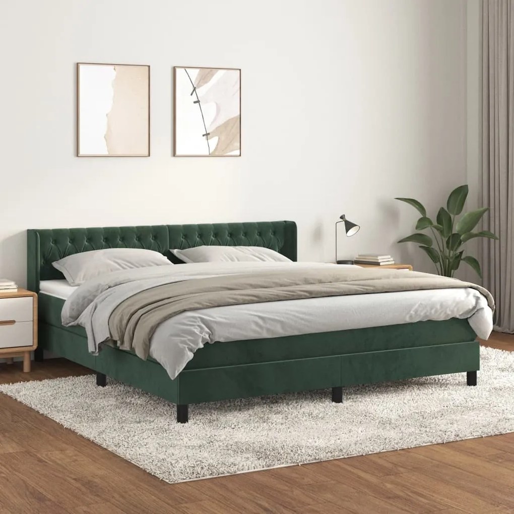 vidaXL Κρεβάτι Boxspring με Στρώμα Σκούρο Πράσινο 160x200εκ. Βελούδινο