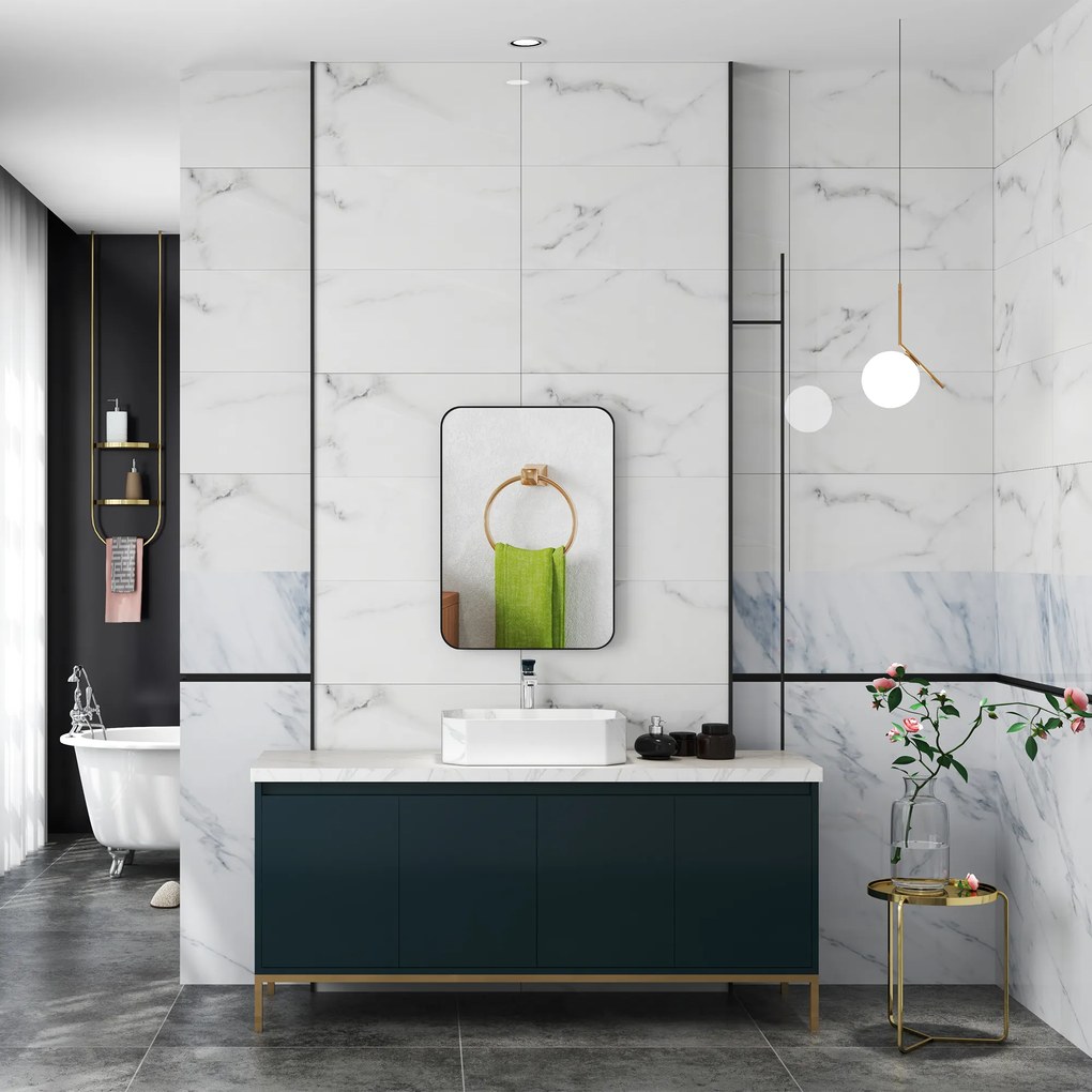 HOMCOM Καθρέφτης μπάνιου, επιτοίχιος καθρέφτης, προστασία από θραύσματα, μεταλλικό πλαίσιο, μπάνιο, 50 x 70 cm, Μαύρο