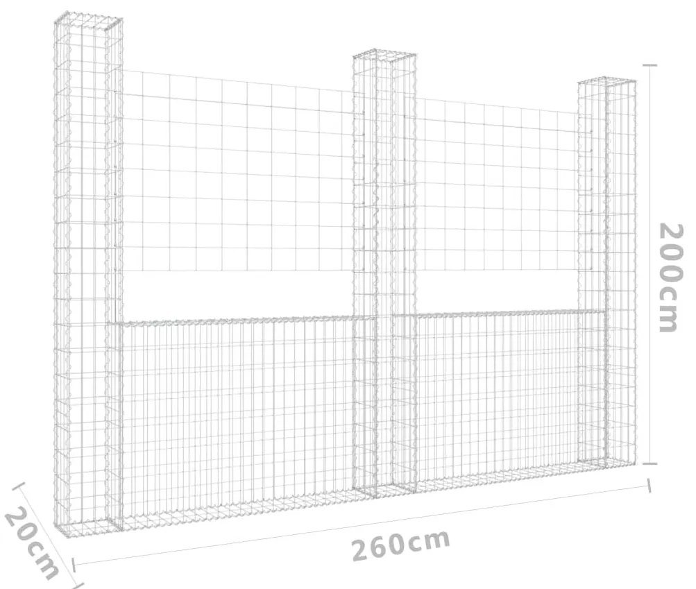 Συρματοκιβώτια σε U Σχήμα με 3 Στύλους 260x20x200 εκ Σιδερένιο - Ασήμι