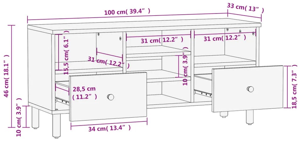 Έπιπλο Τηλεόρασης Μαύρο 100 x 33 x 46 εκ. από Μασίφ Ξύλο Μάνγκο - Μαύρο