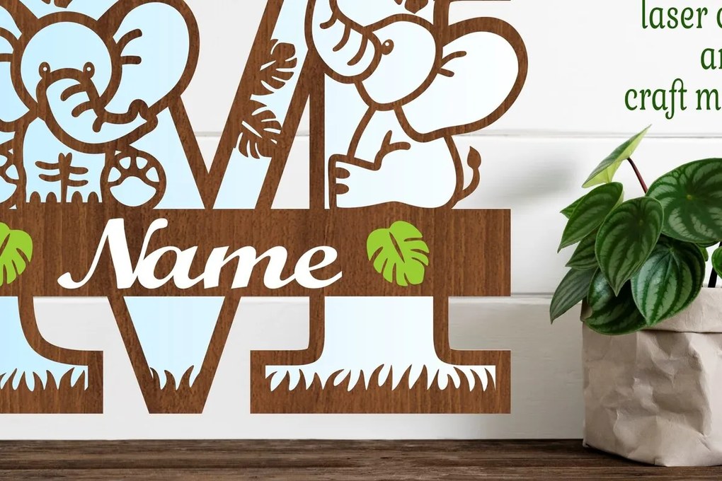 Intra απο ξύλο plywood  Χρώμα wenge 3mm-4mm πάχος - Μονόγραμμα με κεφαλαίο ελέφαντα Γράμμα M Δίασταση 30x20 cm INTRAFABR-97978523