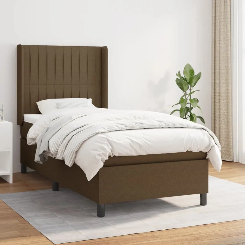 Κρεβάτι Boxspring με Στρώμα Σκούρο Καφέ 90x190 εκ. Υφασμάτινο - Καφέ