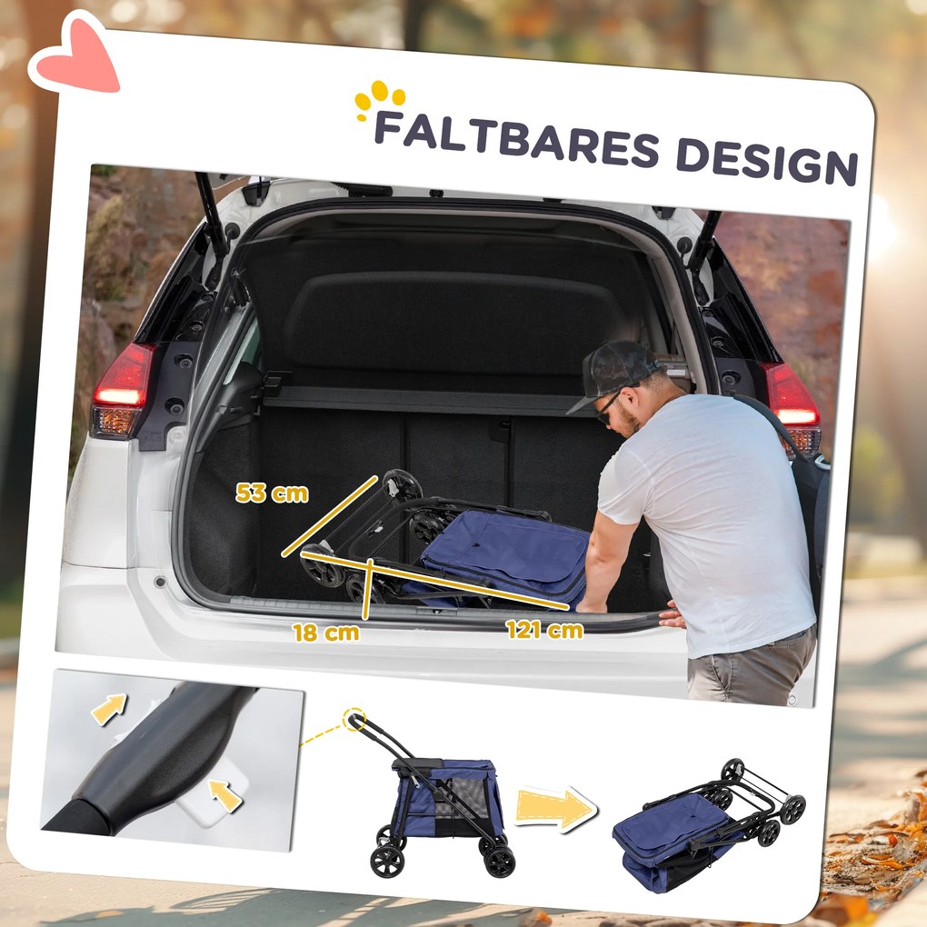 PawHut Καρότσι Σκύλου έως 20kg Πτυσσόμενο Μαξιλάρι 3 Πλαϊνές Τσέπες 102 cm x 62 cm x 105 cm Μπλε