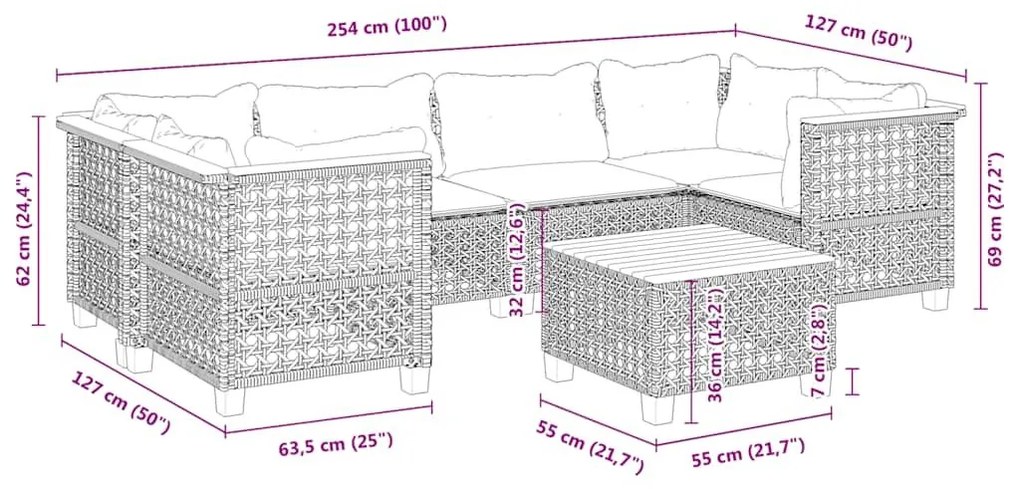 Σαλόνι Κήπου Σετ 7 τεμ. Μπεζ Συνθετικό Ρατάν με Μαξιλάρια - Μπεζ