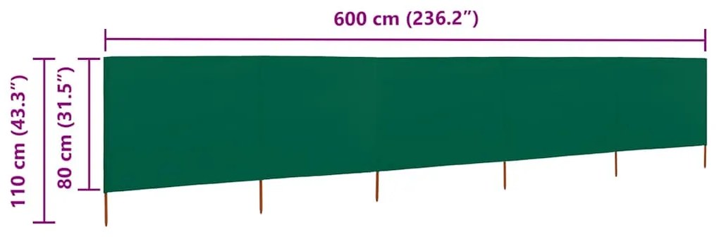 vidaXL Προστατευτικό Αέρα με 5 Πάνελ Πράσινο 600 x 80 εκ. Υφασμάτινο