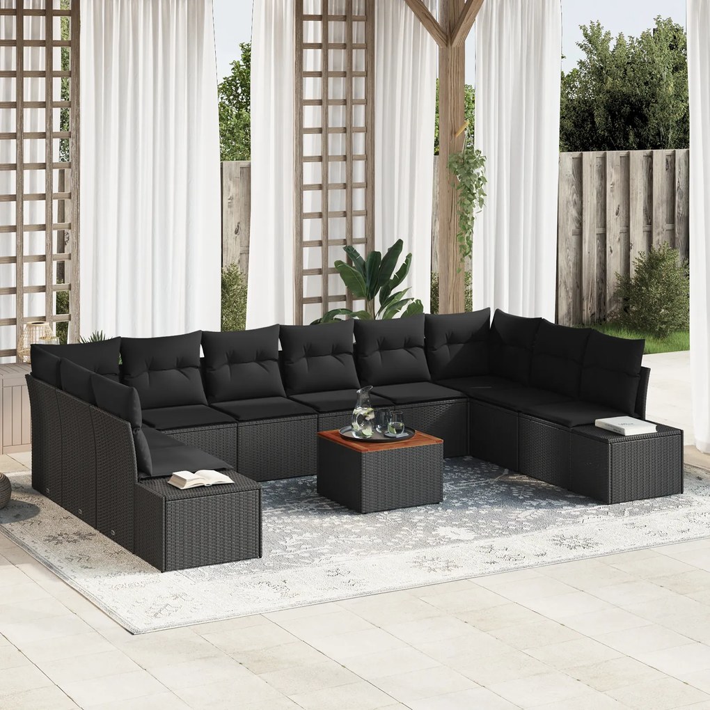 vidaXL Σετ Καναπέ Κήπου 11 pcs Μαύρο Ψάθα, Υφασμάτινα υλικά