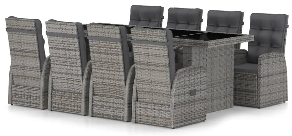 vidaXL Σετ Τραπεζαρίας Εξ. Χώρου 9 τεμ. Γκρι Συνθ. Ρατάν με Μαξιλάρια