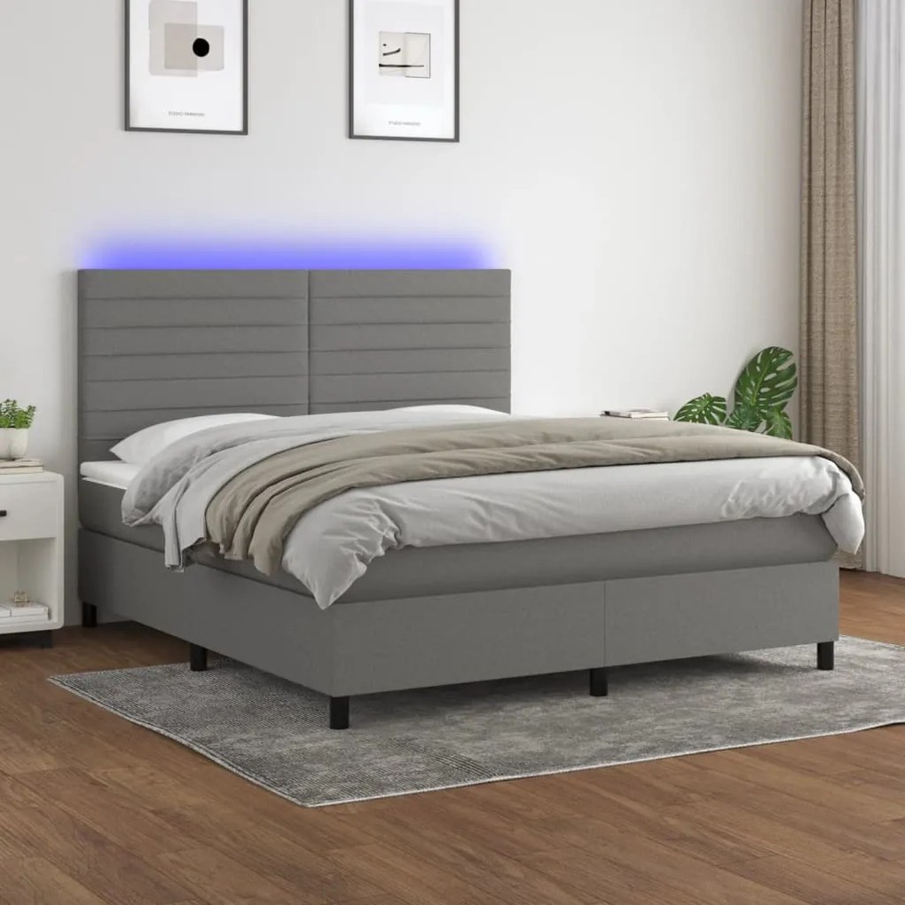 Κρεβάτι Boxspring με Στρώμα &amp; LED Σκ.Γκρι 160x200 εκ Υφασμάτινο - Γκρι