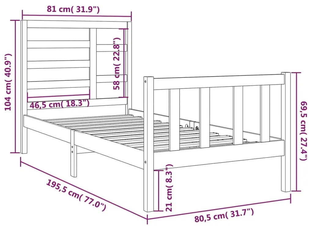 vidaXL Πλαίσιο Κρεβατιού 75 x 190 εκ. από Μασίφ Ξύλο Small Single