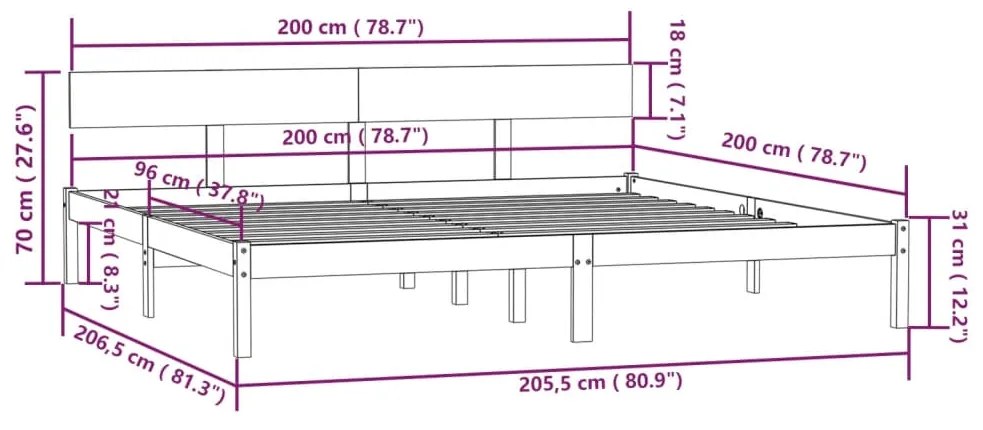 Πλαίσιο Κρεβατιού Γκρι 200 x 200 εκ. από Μασίφ Ξύλο Πεύκου - Γκρι