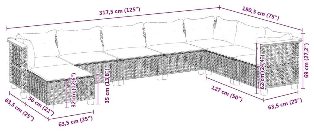 Σαλόνι Κήπου Σετ 8 Τεμαχίων Γκρι Συνθετικό Ρατάν με Μαξιλάρια - Γκρι