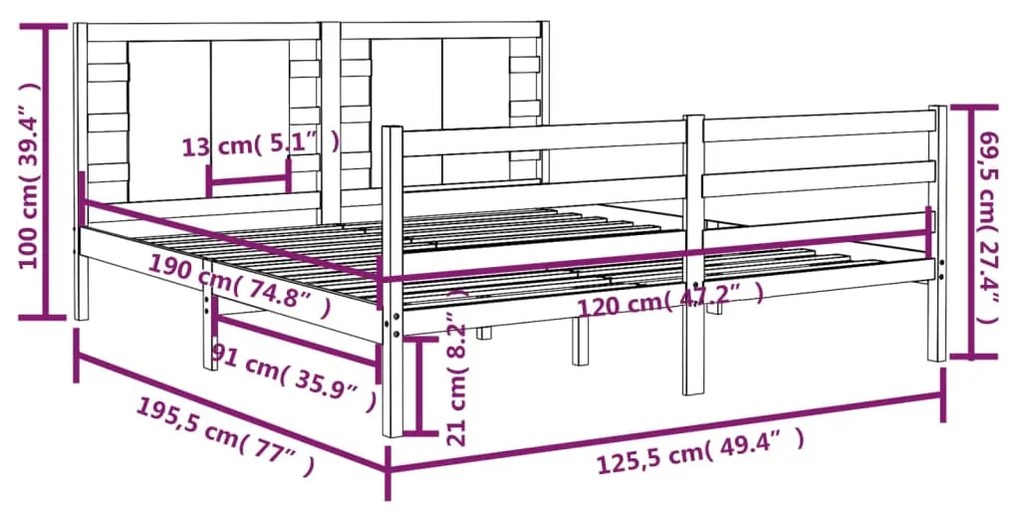 vidaXL Πλαίσιο Κρεβατιού Μαύρο 120x190εκ Μασίφ Ξύλο Πεύκο Small Double
