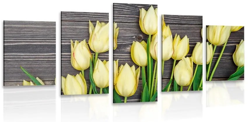 Εικόνα 5 μερών με γοητευτικές κίτρινες τουλίπες σε ξύλινο φόντο - 200x100