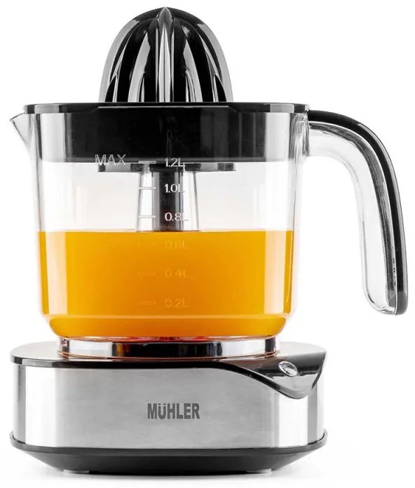 Πρέσα εσπεριδοειδών Muhler MJ-4020, 40 W, 1,2 λίτρα, Dvoposochno κίνηση, Ενδεικτική λυχνία, 2 κώνοι, Cheren/Inox.