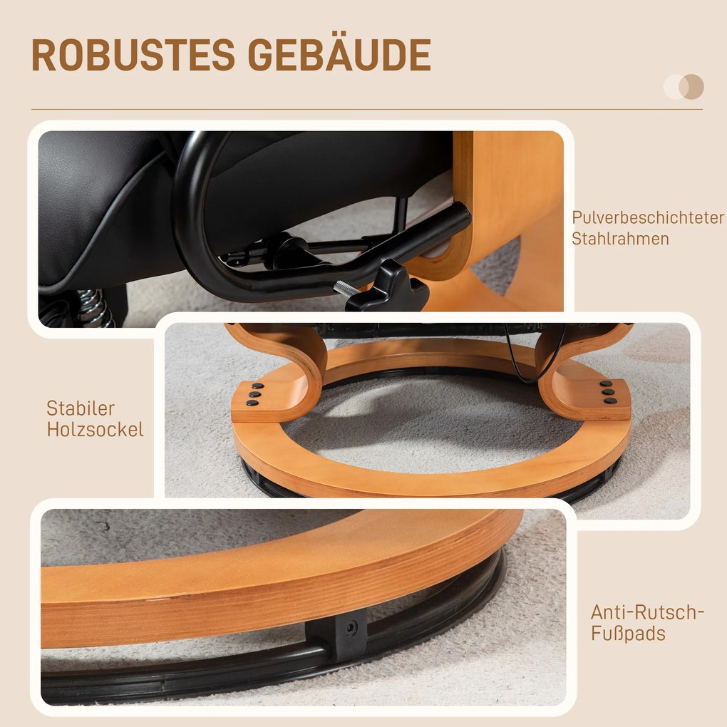 HOMCOM Πολυθρόνα Relax με λειτουργία ανάκλισης, περιστρεφόμενη, έως 150 kg, κάλυμμα από τεχνητό δέρμα, ατσάλινο πλαίσιο, Μαύρο