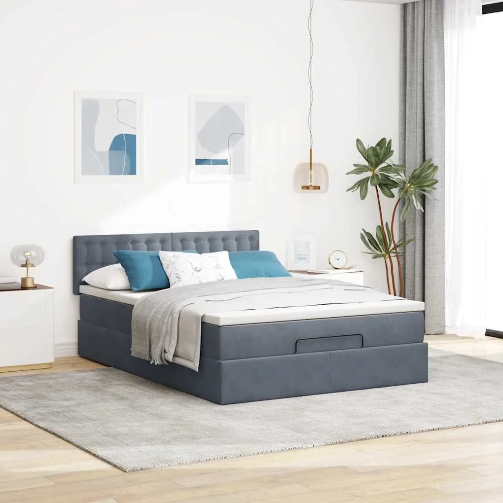 vidaXL Οθωμανικό κρεβάτι με στρώμα & LEDs Σκούρο γκρι 140x200cm Velvet