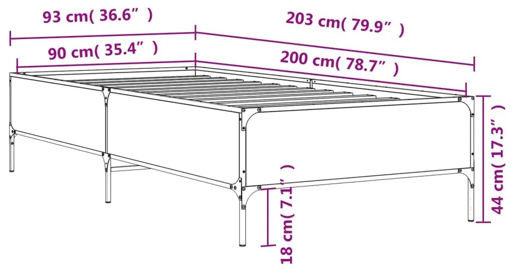 Πλαίσιο Κρεβατιού Καφέ Δρυς 90x200 εκ. Επεξ. Ξύλο &amp; Μέταλλο - Καφέ