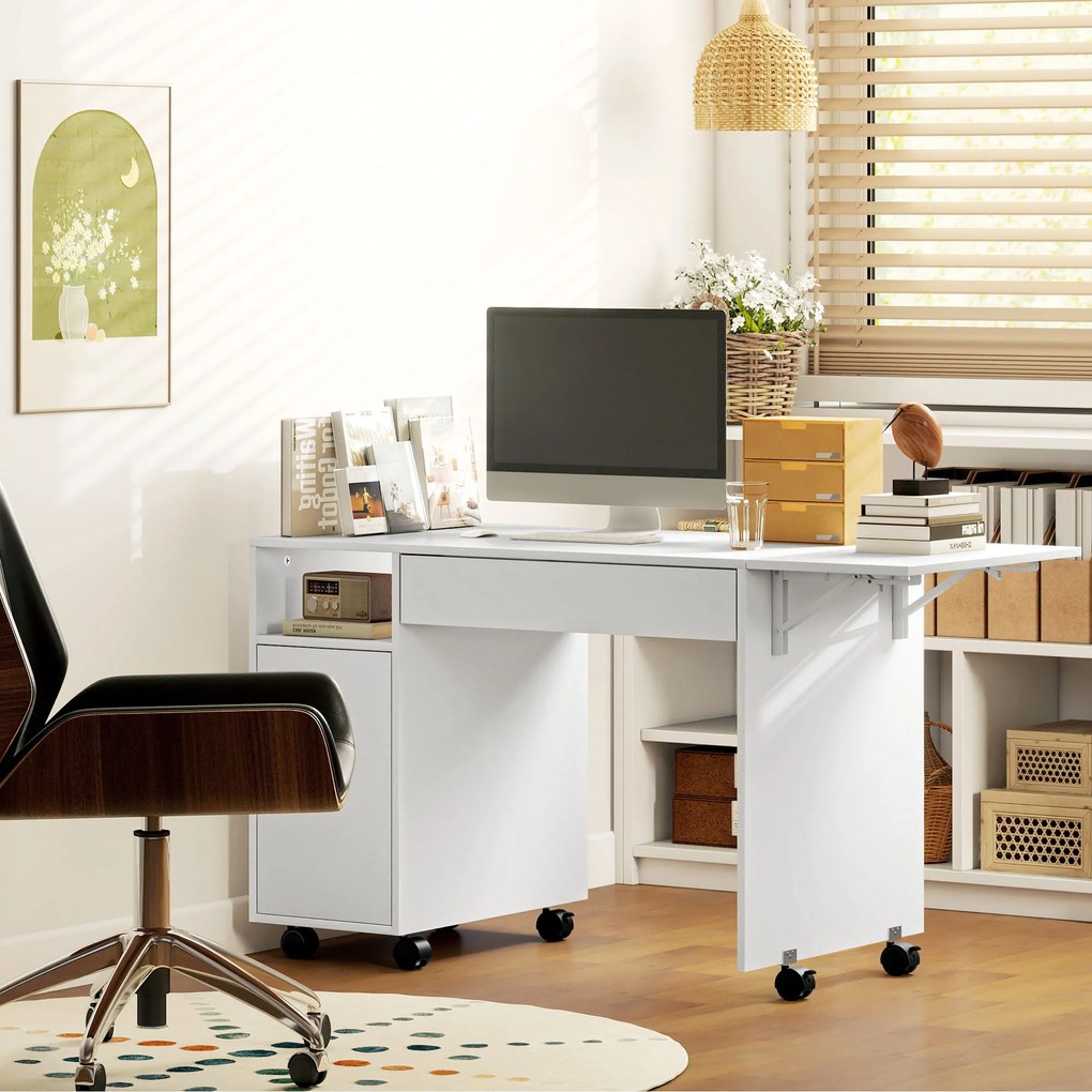 HOMCOM Rolling Computer Desk, Foldable Desk with Cabinet and Drawer, Particleboard, White