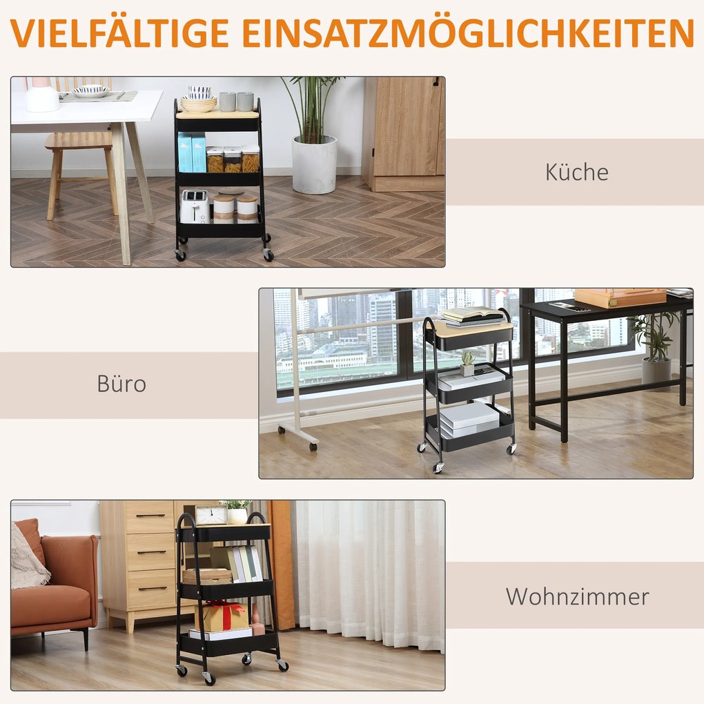 HOMCOM Τροχήλατο καρότσι, καρότσι σερβιρίσματος με 3 καλάθια, μέταλλο, πλαστικό, Μαύρο