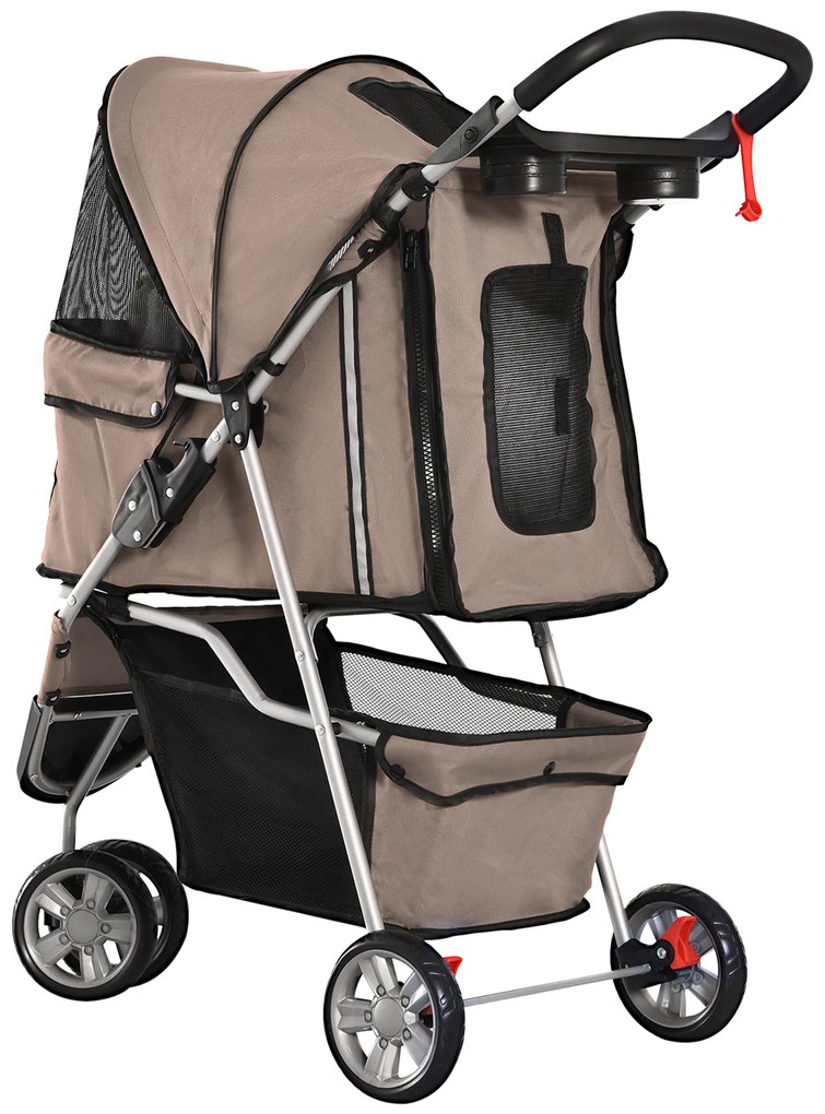 PawHut Καρότσι Σκύλου έως 10 kg Αναδιπλούμενο Καλάθι Εδάφους 2 Βάσεις Ποτηριών Ρυθμιζόμενη Τέντα Καστανό