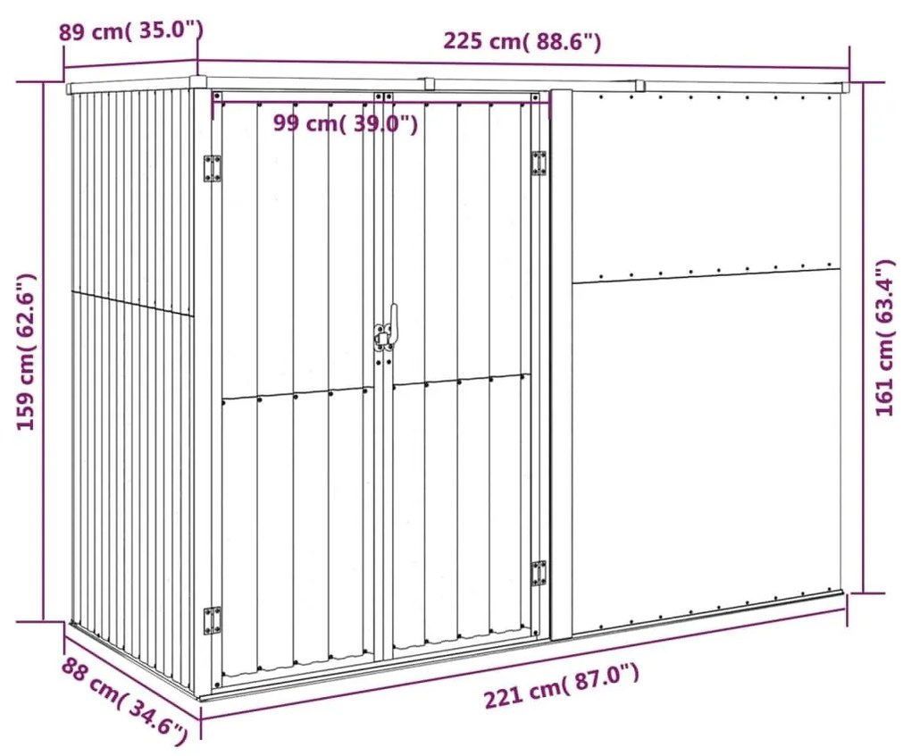 Αποθήκη Εργαλείων Κήπου Γκρι 225 x 89 x 161 εκ. Γαλβαν. Ατσάλι - Γκρι