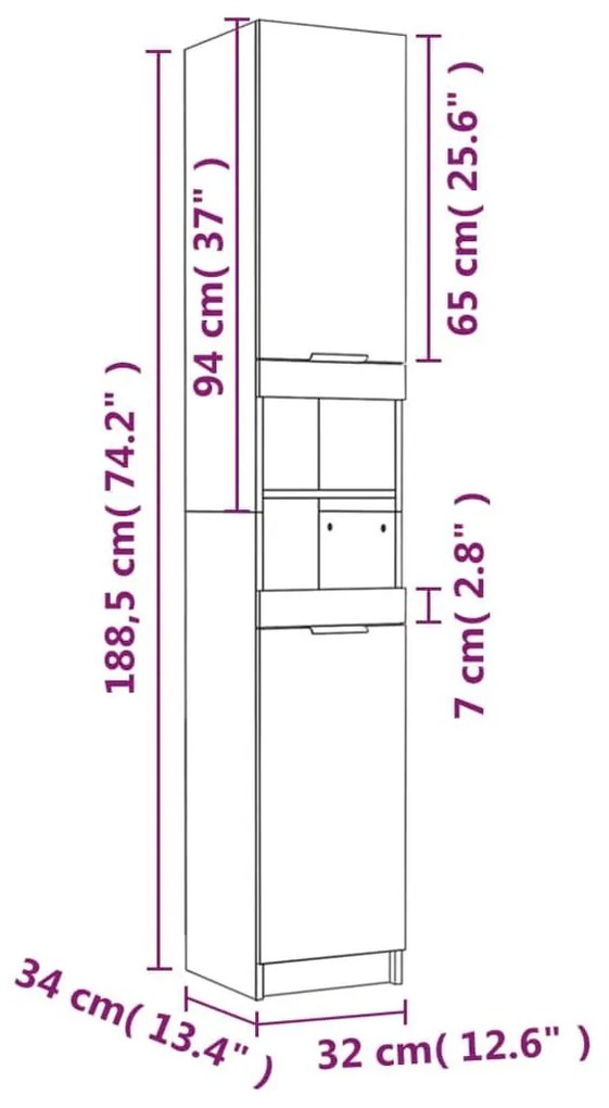 Ντουλάπι Μπάνιου Γκρι Sonoma 32x34x188,5 εκ. Επεξεργασμένο Ξύλο - Γκρι