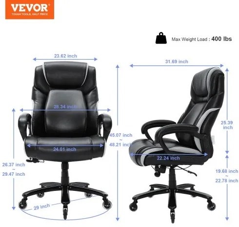 VEVOR Heavy Duty Executive Office Chair with Cutting-edge Adjustable Lumbar Support for Long Hours, Big and Tall 400lbs Office Chair, Wide Thick Padded Strong Metal Base Quiet Wheels